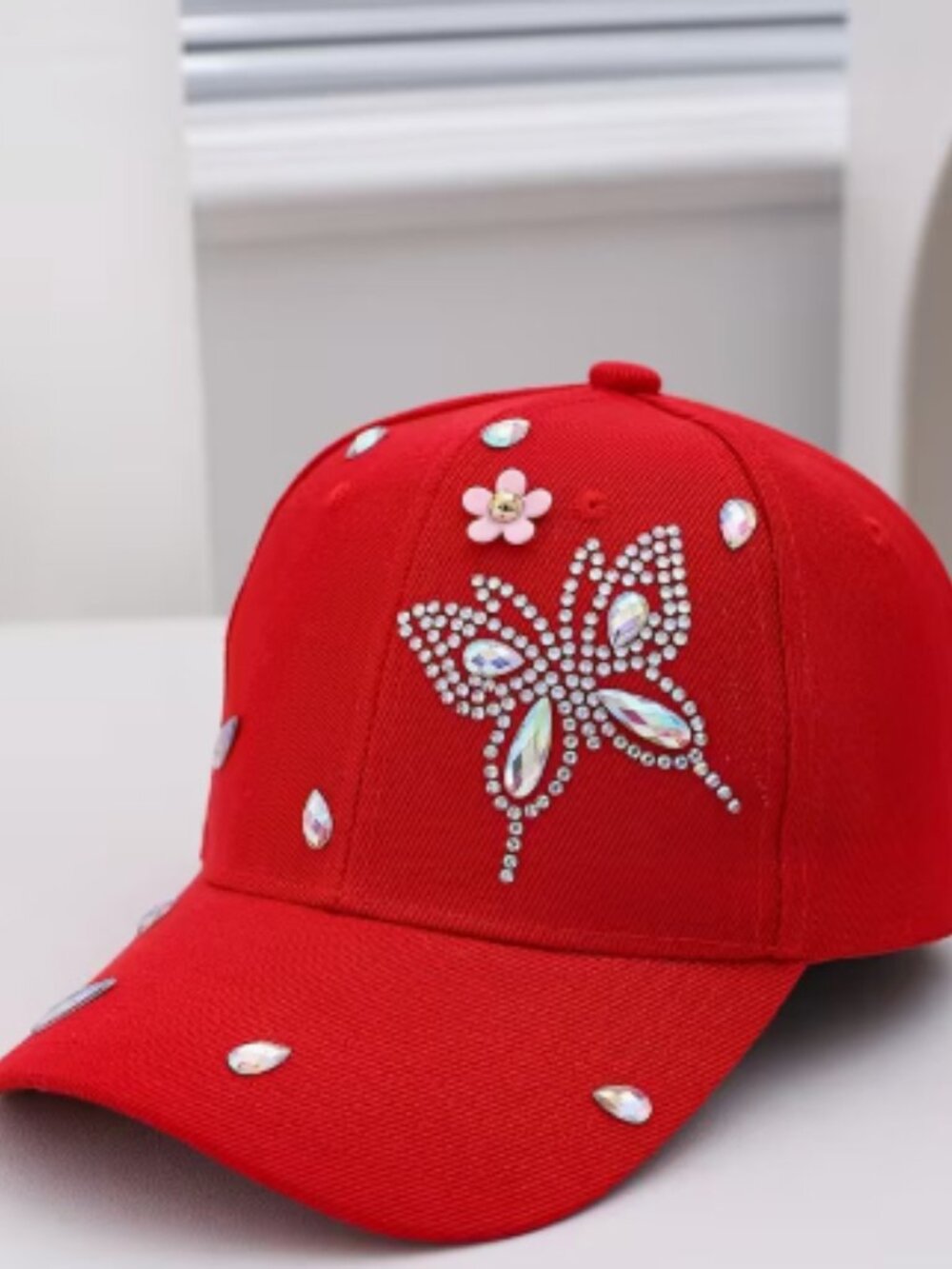 Embellished Ladies Red Butterfly Cap